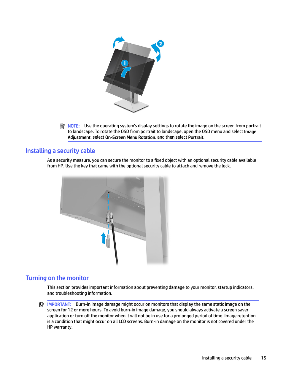 Installing a security cable, Turning on the monitor | HP E24mv 24" 16:9 Conferencing IPS Monitor User Manual | Page 20 / 42