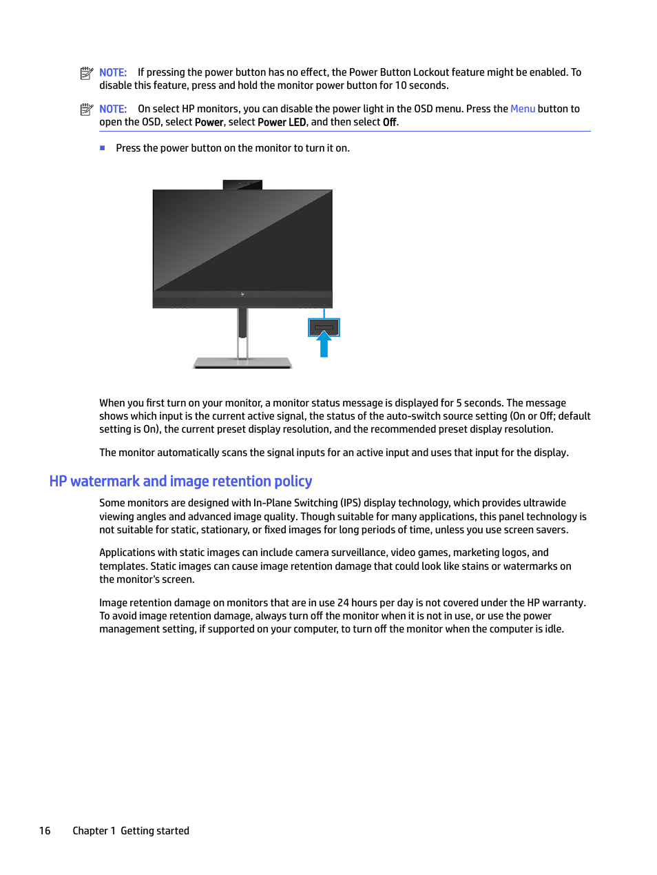 Hp watermark and image retention policy | HP E24mv 24" 16:9 Conferencing IPS Monitor User Manual | Page 21 / 42