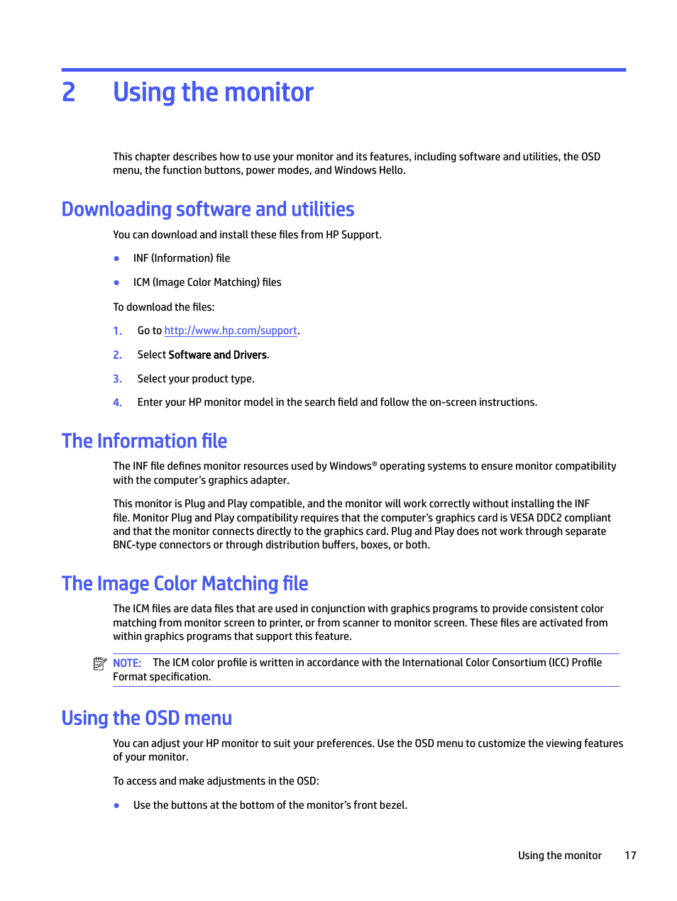 Using the monitor, Downloading software and utilities, The information file | The image color matching file, Using the osd menu, 2 using the monitor, Using the monitor 2 | HP E24mv 24" 16:9 Conferencing IPS Monitor User Manual | Page 22 / 42