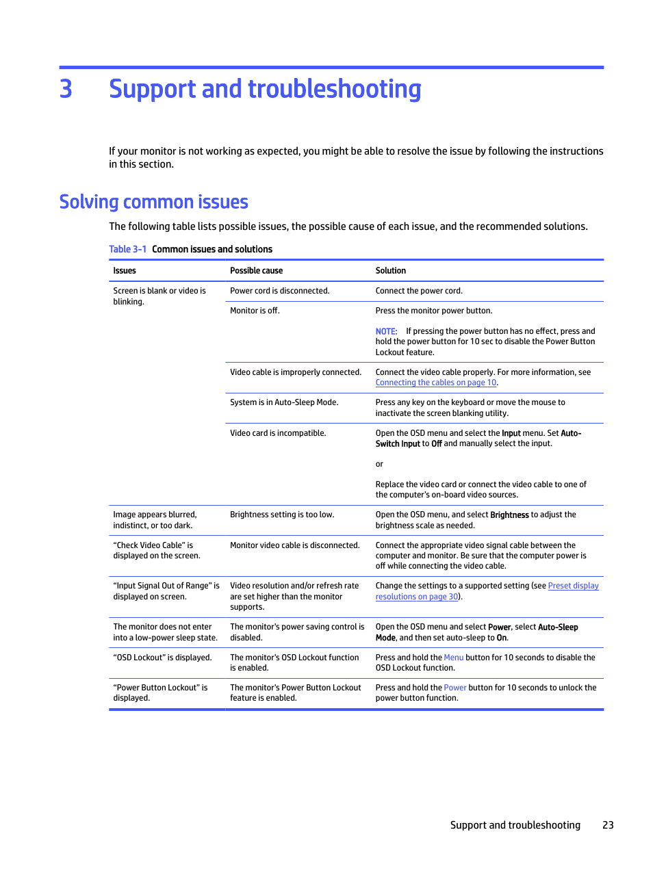 Support and troubleshooting, Solving common issues, 3 support and troubleshooting | Support and troubleshooting 3 | HP E24mv 24" 16:9 Conferencing IPS Monitor User Manual | Page 28 / 42