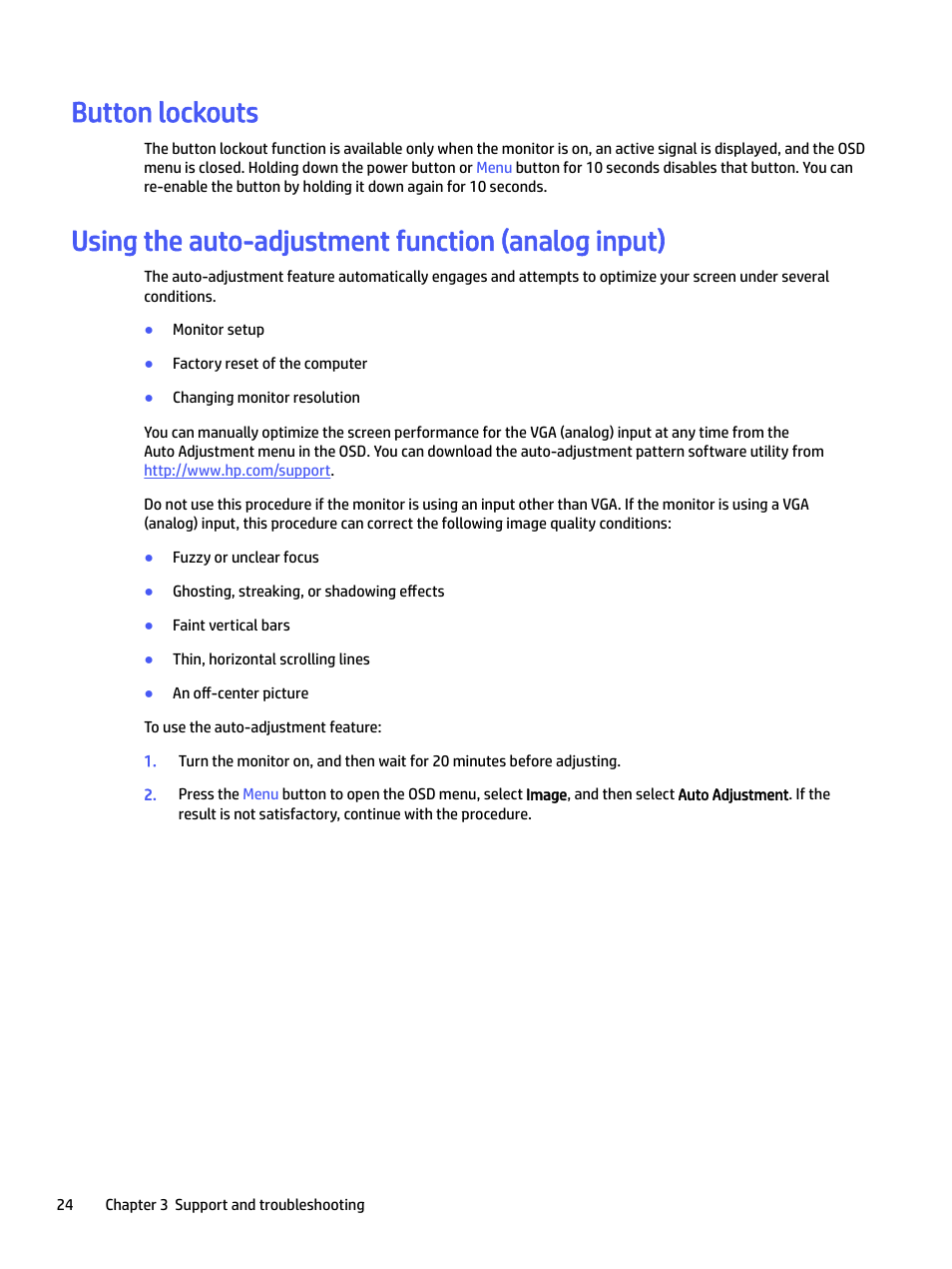 Button lockouts, Using the auto-adjustment function (analog input) | HP E24mv 24" 16:9 Conferencing IPS Monitor User Manual | Page 29 / 42