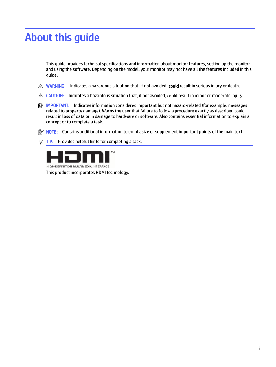 About this guide | HP E24mv 24" 16:9 Conferencing IPS Monitor User Manual | Page 3 / 42