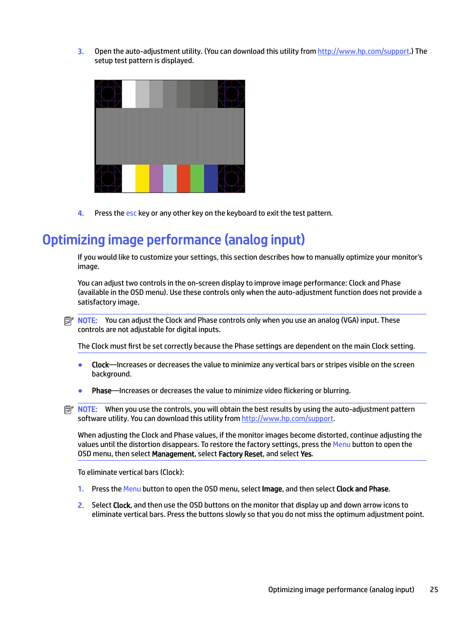 Optimizing image performance (analog input) | HP E24mv 24" 16:9 Conferencing IPS Monitor User Manual | Page 30 / 42