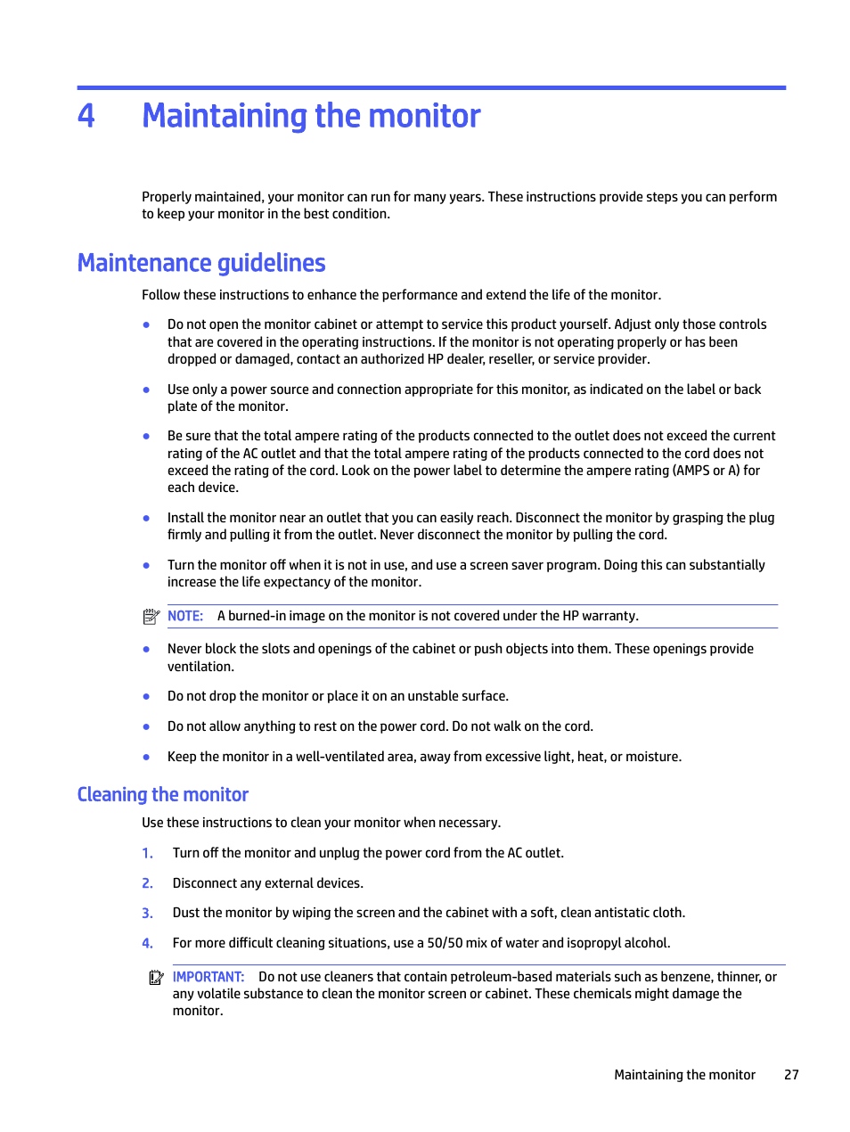 Maintaining the monitor, Maintenance guidelines, Cleaning the monitor | 4 maintaining the monitor, Maintaining the monitor 4 | HP E24mv 24" 16:9 Conferencing IPS Monitor User Manual | Page 32 / 42