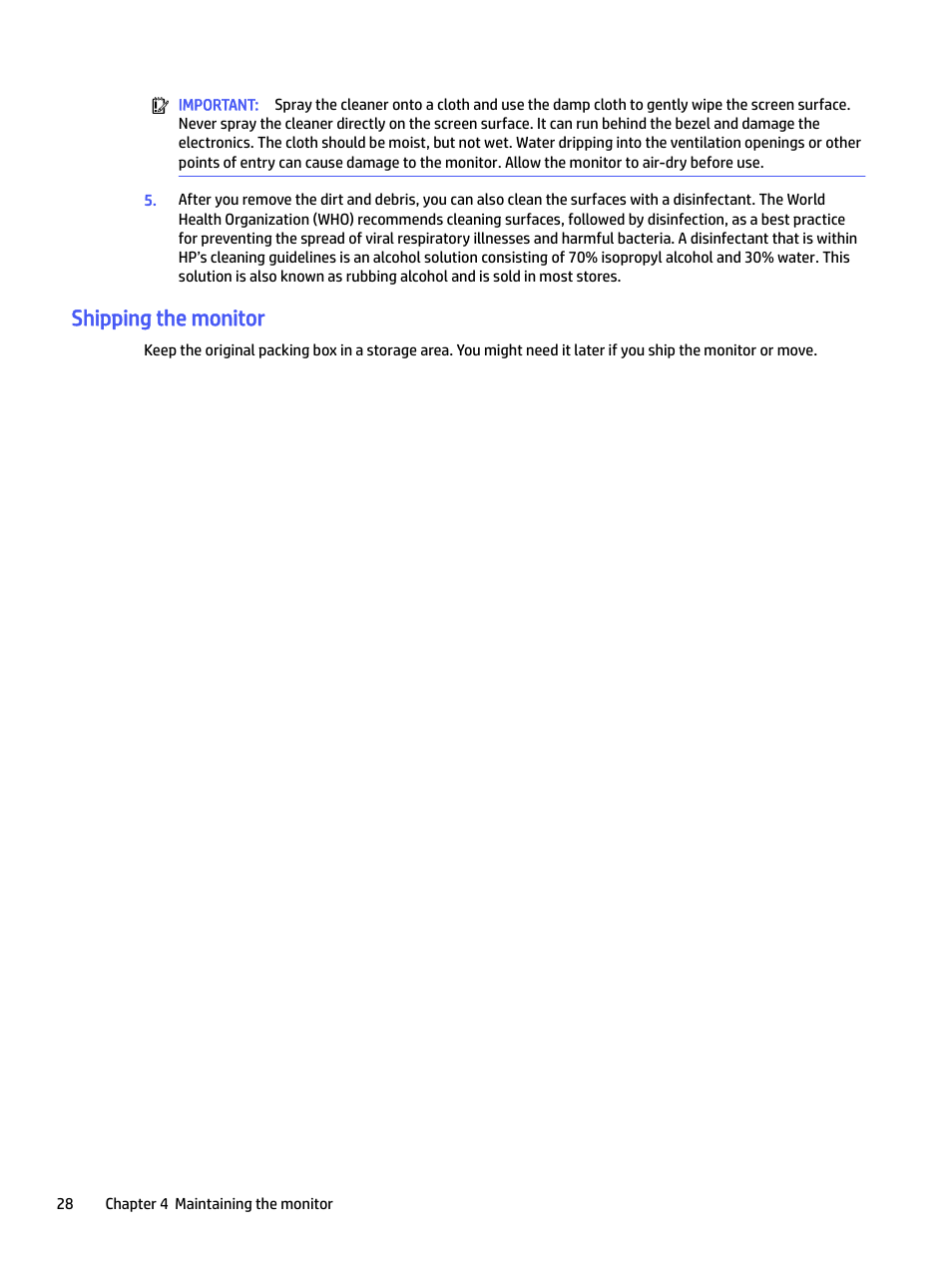 Shipping the monitor | HP E24mv 24" 16:9 Conferencing IPS Monitor User Manual | Page 33 / 42