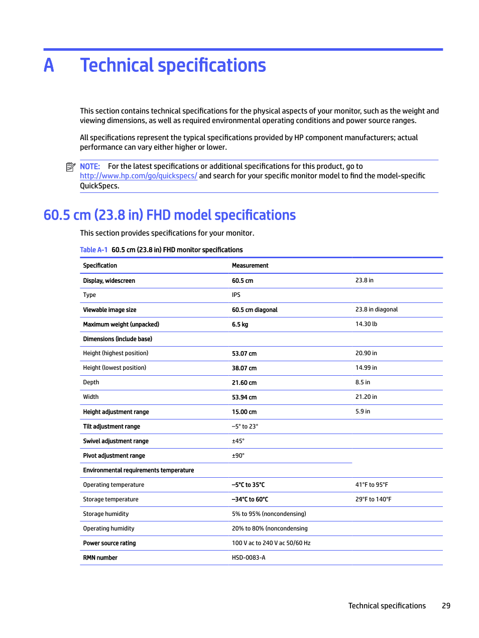 A. technical specifications, 5 cm (23.8 in) fhd model specifications, Appendix a technical specifications | Technical specifications a | HP E24mv 24" 16:9 Conferencing IPS Monitor User Manual | Page 34 / 42