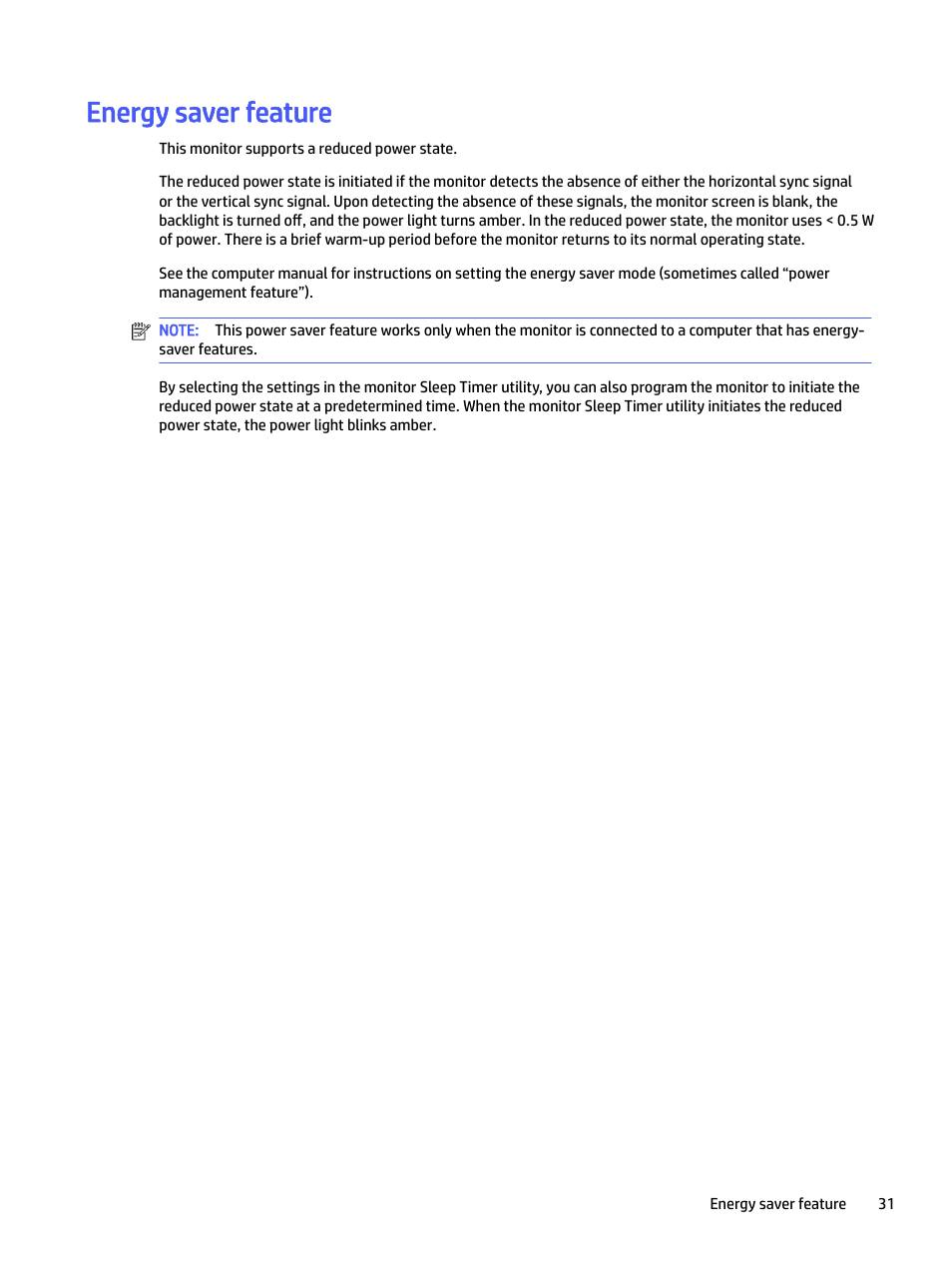 Energy saver feature | HP E24mv 24" 16:9 Conferencing IPS Monitor User Manual | Page 36 / 42