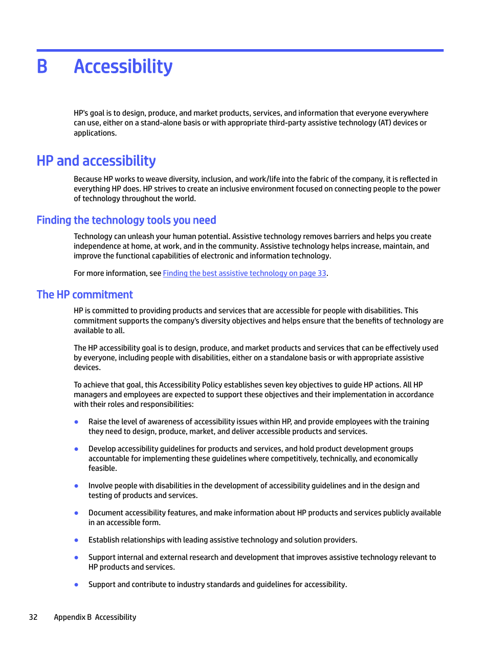 B. accessibility, Hp and accessibility, Finding the technology tools you need | The hp commitment, Appendix b accessibility, Accessibility b | HP E24mv 24" 16:9 Conferencing IPS Monitor User Manual | Page 37 / 42