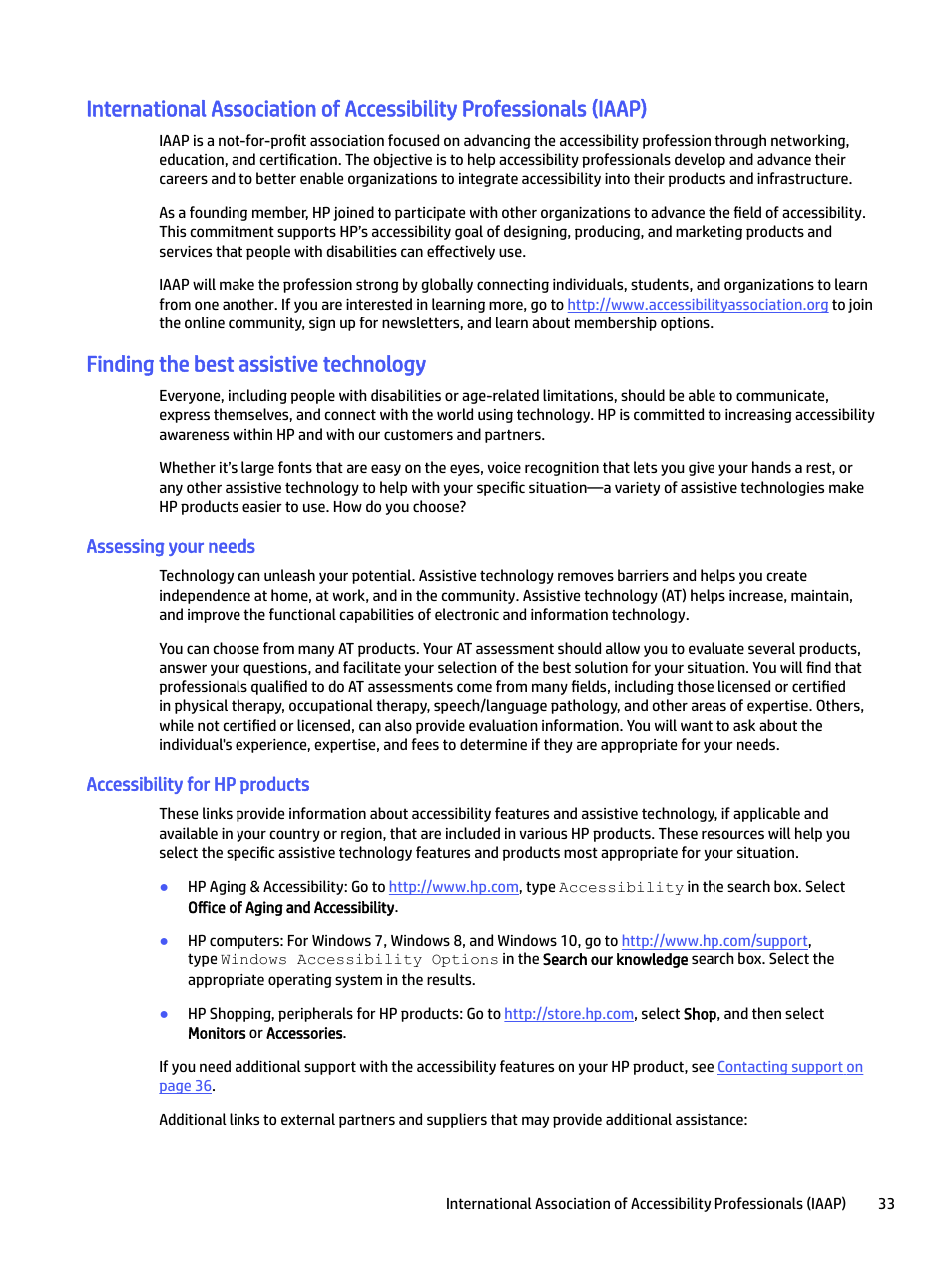 Finding the best assistive technology, Assessing your needs, Accessibility for hp products | HP E24mv 24" 16:9 Conferencing IPS Monitor User Manual | Page 38 / 42