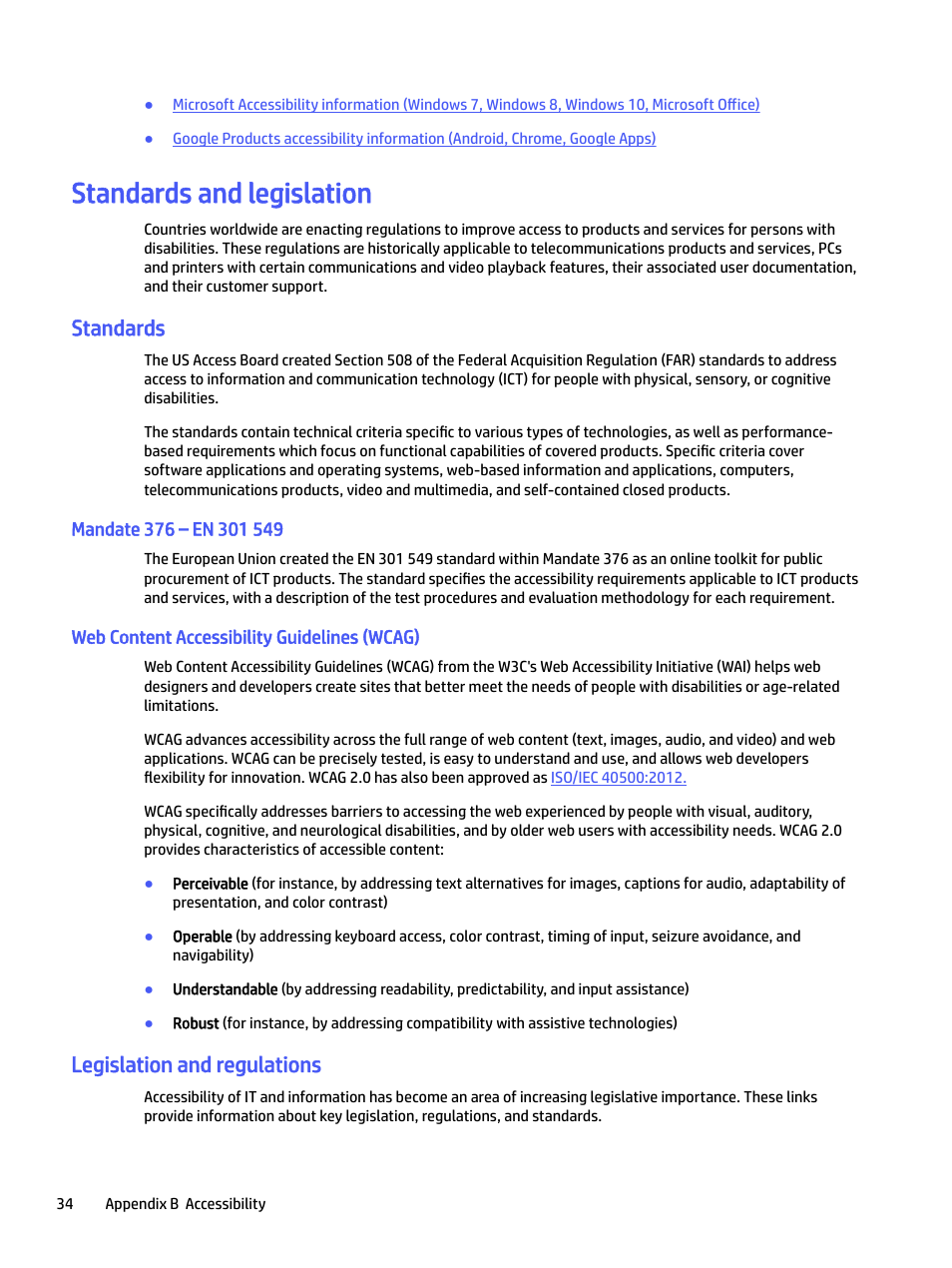 Standards and legislation, Standards, Mandate 376 – en 301 549 | Web content accessibility guidelines (wcag), Legislation and regulations | HP E24mv 24" 16:9 Conferencing IPS Monitor User Manual | Page 39 / 42