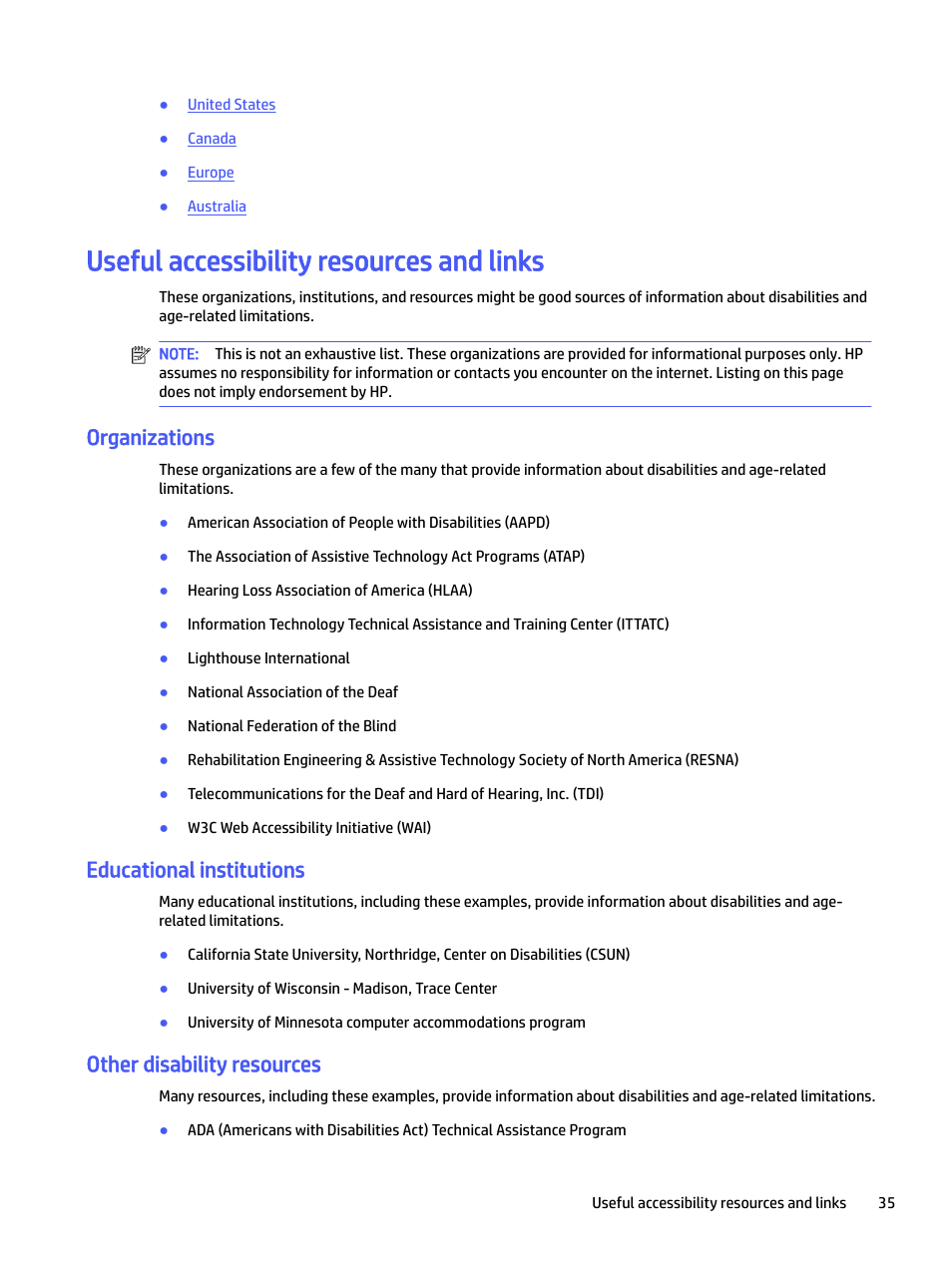 Useful accessibility resources and links, Organizations, Educational institutions | Other disability resources | HP E24mv 24" 16:9 Conferencing IPS Monitor User Manual | Page 40 / 42