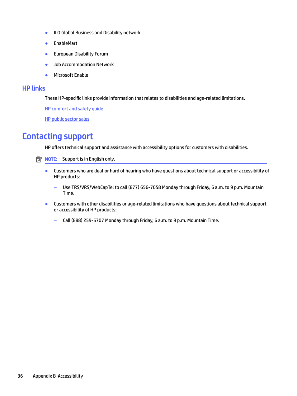 Hp links, Contacting support, Contacting support on | HP E24mv 24" 16:9 Conferencing IPS Monitor User Manual | Page 41 / 42