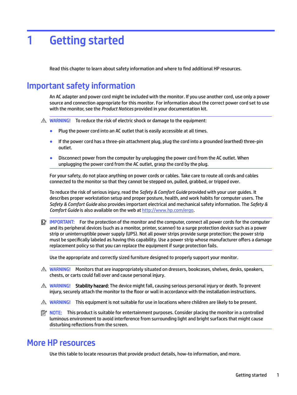 Getting started, Important safety information, More hp resources | 1 getting started, Getting started 1 | HP E24mv 24" 16:9 Conferencing IPS Monitor User Manual | Page 6 / 42