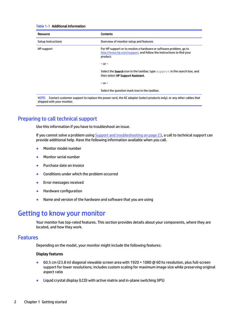 Preparing to call technical support, Getting to know your monitor, Features | HP E24mv 24" 16:9 Conferencing IPS Monitor User Manual | Page 7 / 42