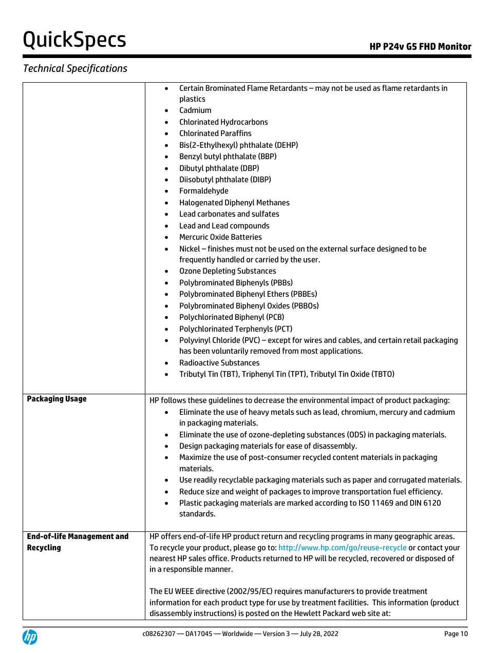 Quickspecs, Technical specifications | HP P24v G5 23.8" Monitor User Manual | Page 10 / 13