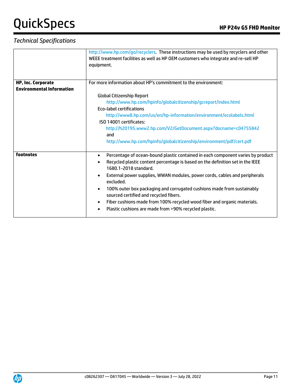 Quickspecs, Technical specifications, Hp p24v g5 fhd monitor | HP P24v G5 23.8" Monitor User Manual | Page 11 / 13