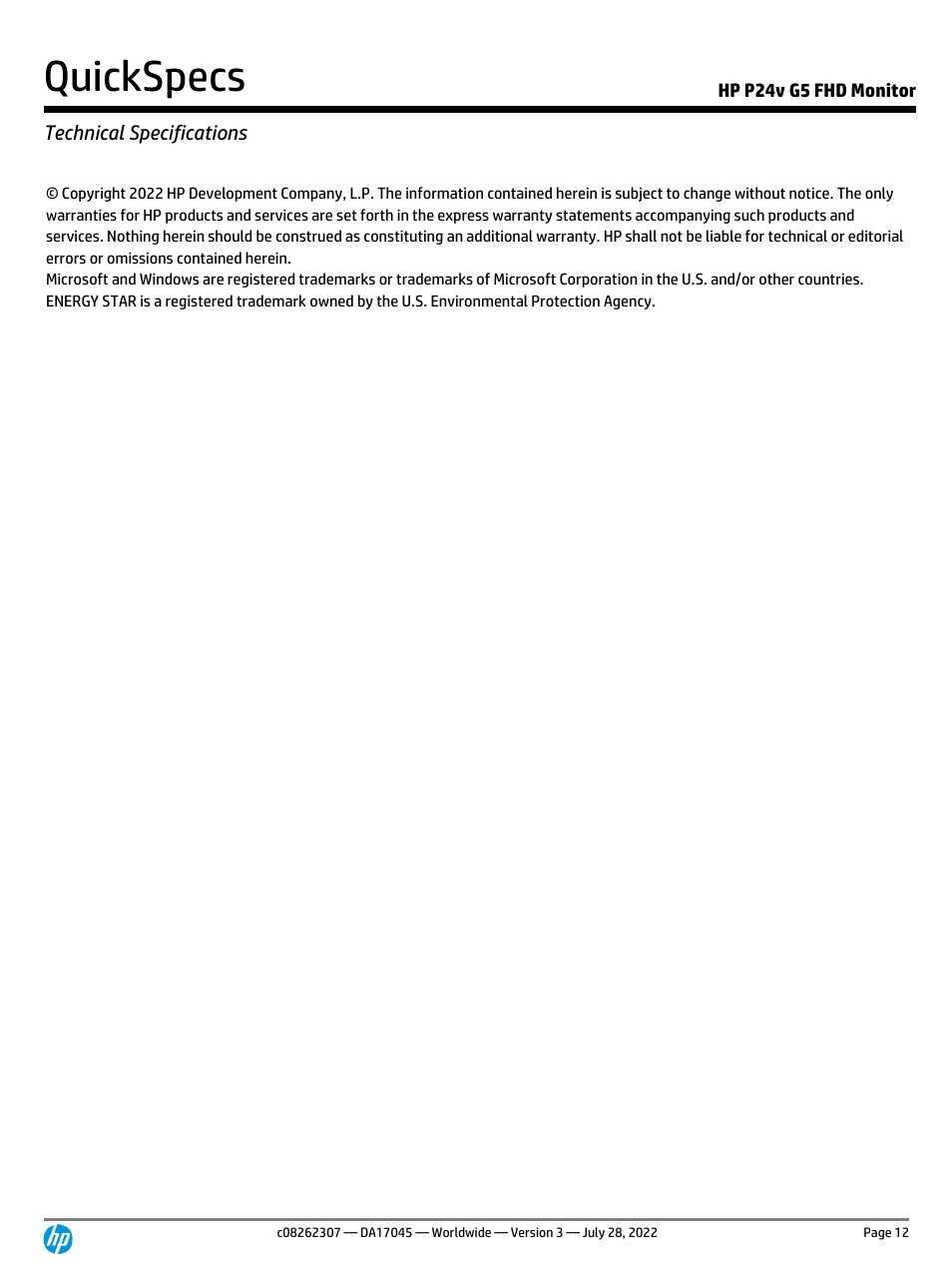 Quickspecs, Technical specifications, Hp p24v g5 fhd monitor | HP P24v G5 23.8" Monitor User Manual | Page 12 / 13