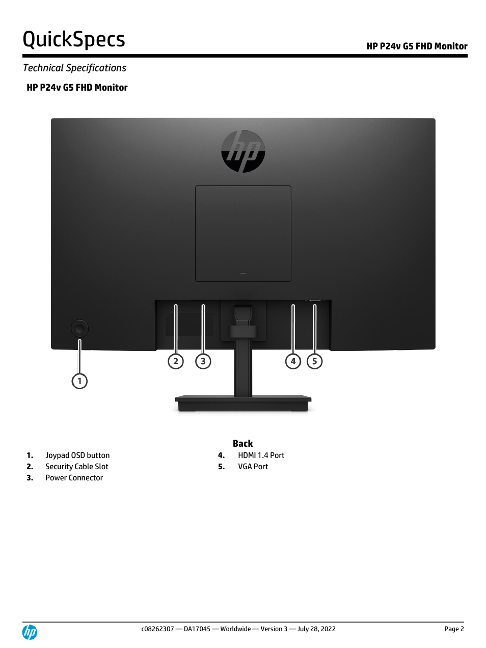 Quickspecs, Technical specifications, Hp p24v g5 fhd monitor | Hp p24v g5 fhd monitor back | HP P24v G5 23.8" Monitor User Manual | Page 2 / 13