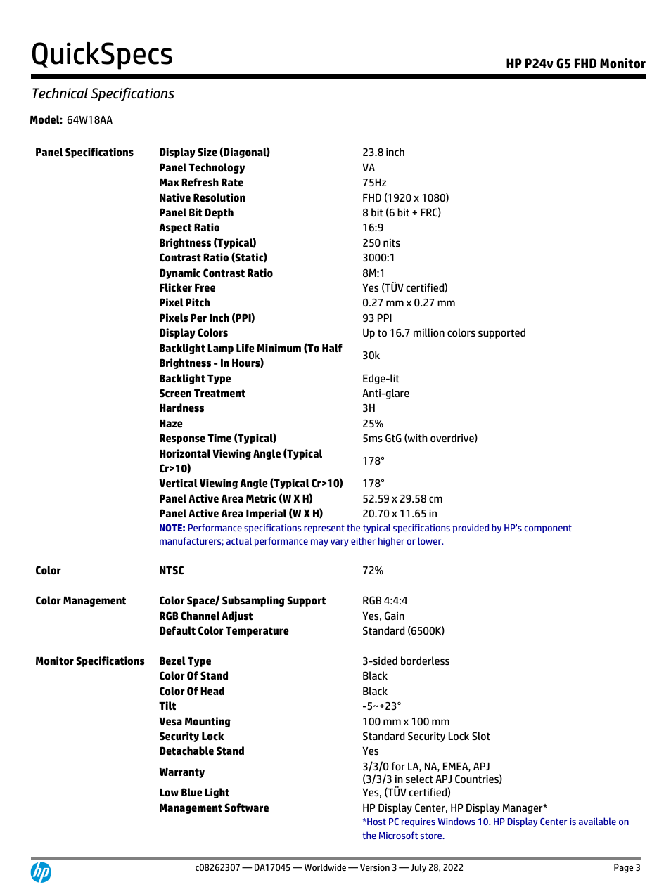 Quickspecs, Technical specifications | HP P24v G5 23.8" Monitor User Manual | Page 3 / 13