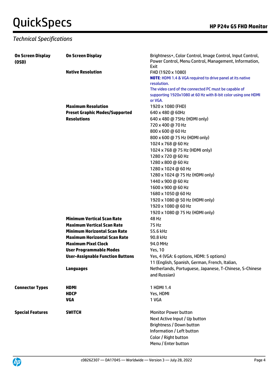 Quickspecs, Technical specifications | HP P24v G5 23.8" Monitor User Manual | Page 4 / 13