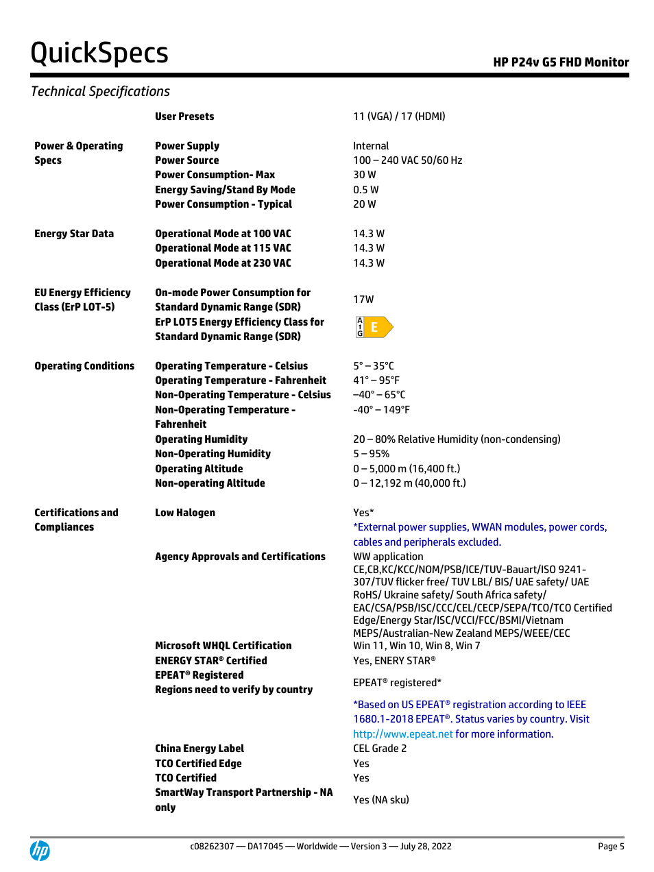 Quickspecs, Technical specifications | HP P24v G5 23.8" Monitor User Manual | Page 5 / 13