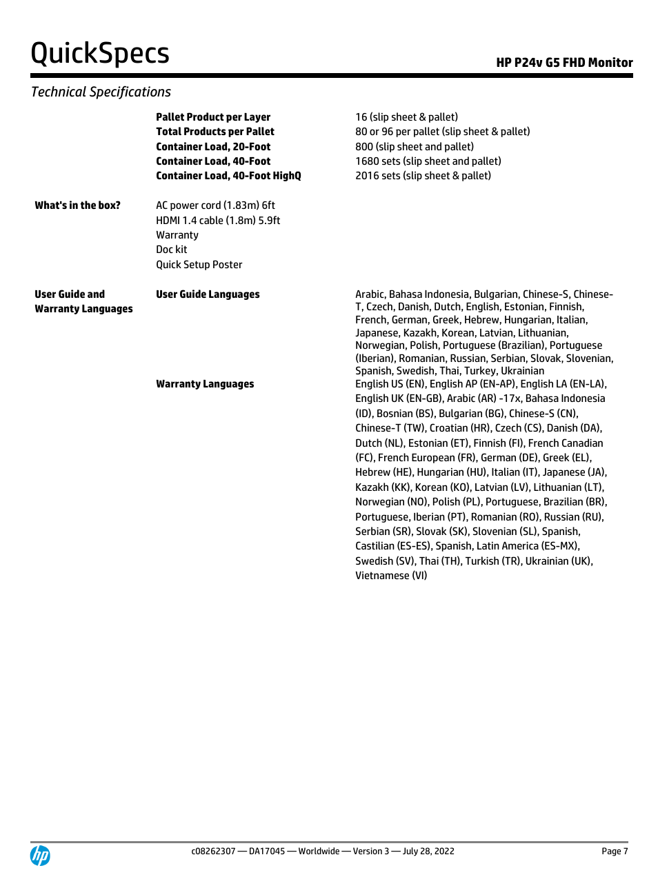 Quickspecs, Technical specifications, Hp p24v g5 fhd monitor | HP P24v G5 23.8" Monitor User Manual | Page 7 / 13