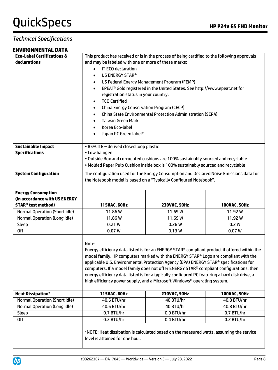 Quickspecs, Technical specifications | HP P24v G5 23.8" Monitor User Manual | Page 8 / 13