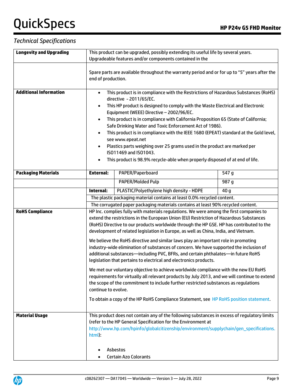 Quickspecs, Technical specifications | HP P24v G5 23.8" Monitor User Manual | Page 9 / 13