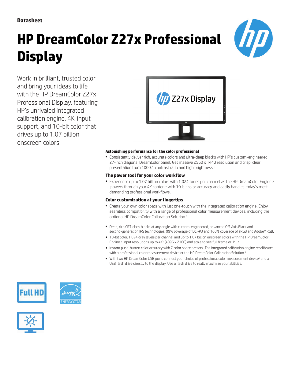 HP DreamColor Z27x 27" 16:9 IPS Monitor User Manual | 4 pages