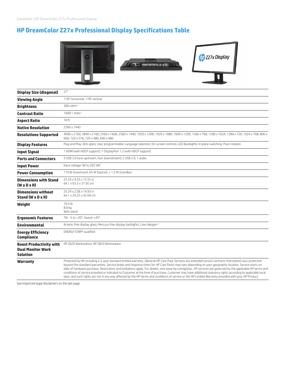 HP DreamColor Z27x 27" 16:9 IPS Monitor User Manual | Page 2 / 4