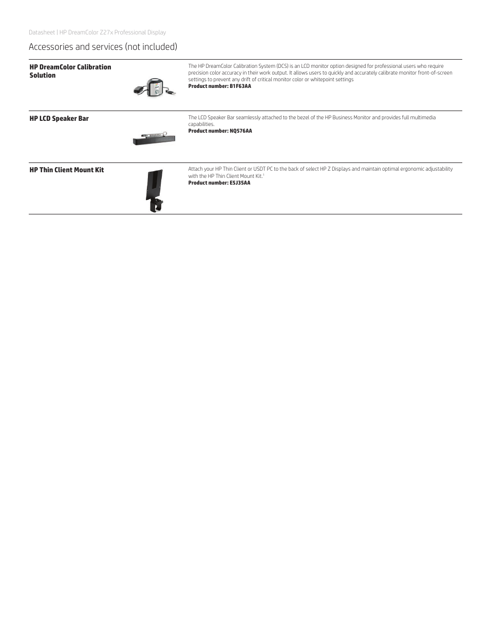 Accessories and services (not included) | HP DreamColor Z27x 27" 16:9 IPS Monitor User Manual | Page 3 / 4