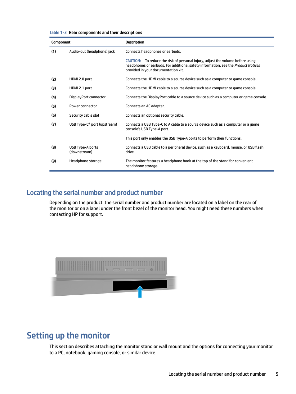 Locating the serial number and product number, Setting up the monitor, Ocating the serial number and product number | Ting up the monitor | HP OMEN 27" 4K HDR 144 Hz Gaming Monitor User Manual | Page 10 / 38