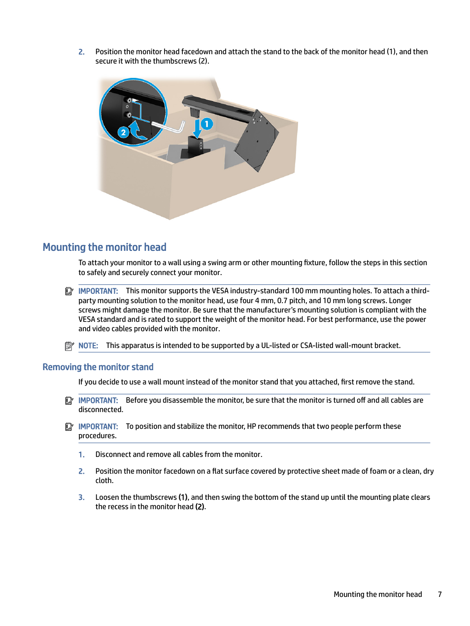 Mounting the monitor head, Removing the monitor stand, Unting the monitor head | Emoving the monitor stand | HP OMEN 27" 4K HDR 144 Hz Gaming Monitor User Manual | Page 12 / 38