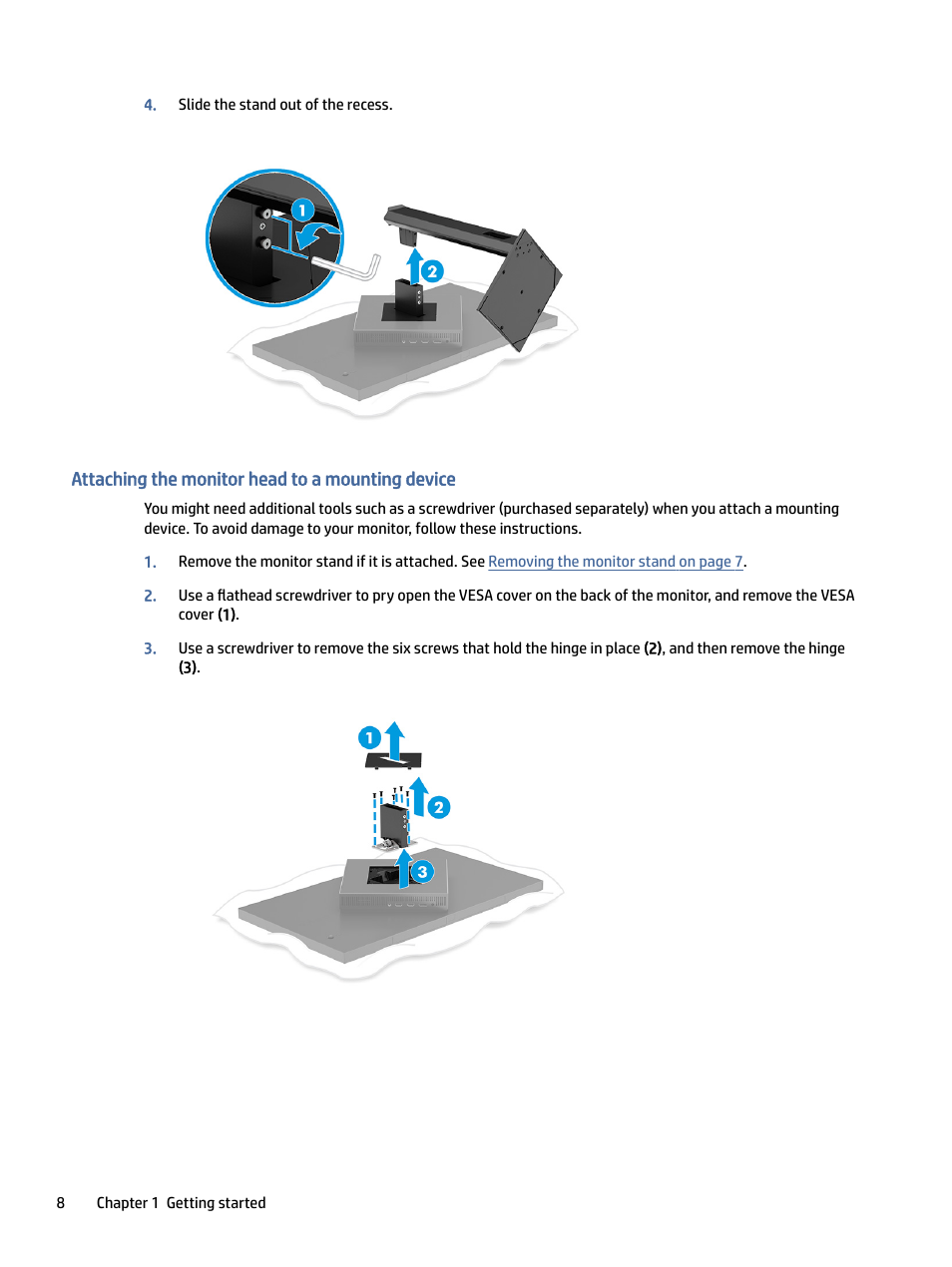Attaching the monitor head to a mounting device, Taching the monitor head to a mounting device | HP OMEN 27" 4K HDR 144 Hz Gaming Monitor User Manual | Page 13 / 38
