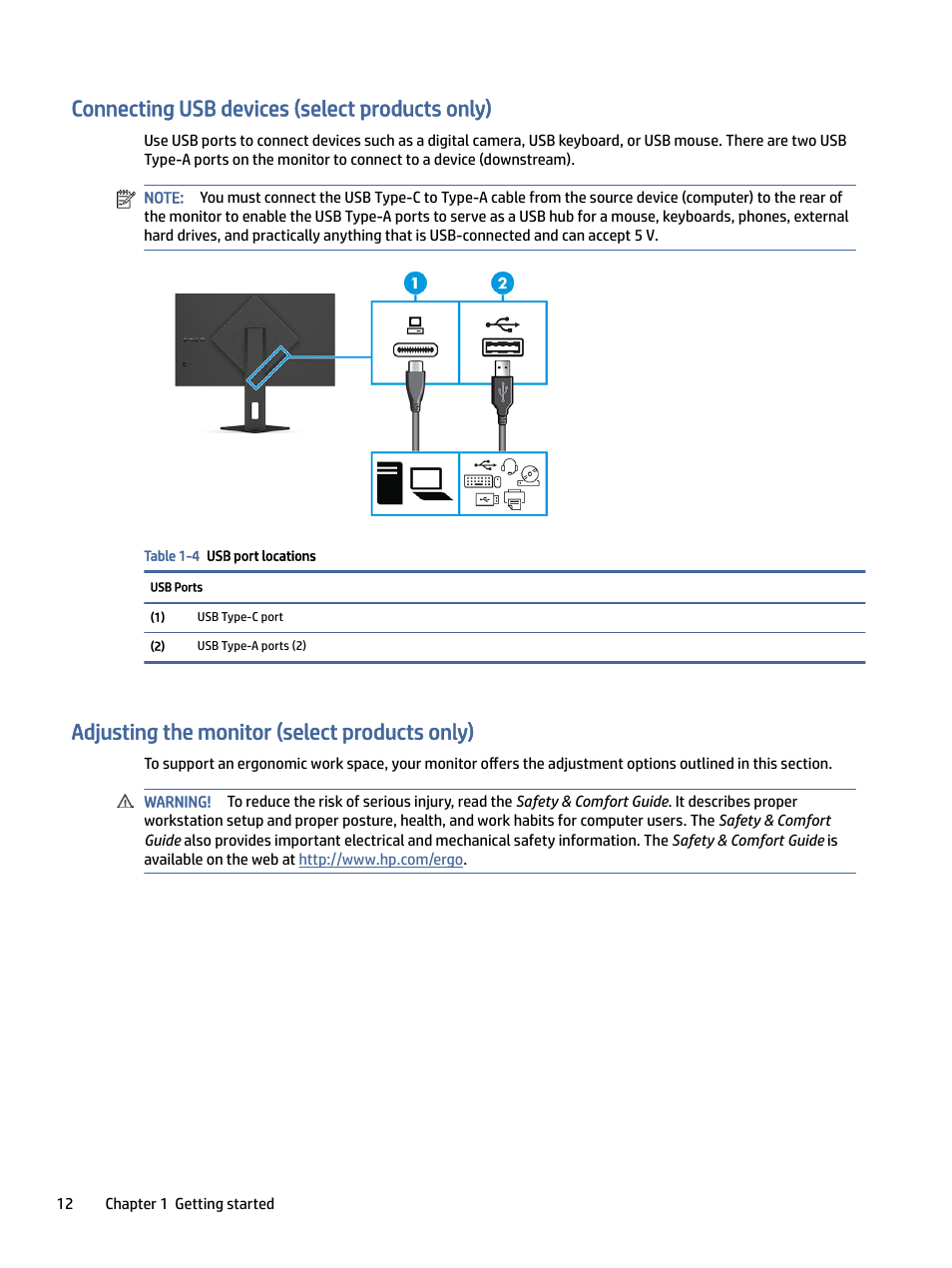 Connecting usb devices (select products only), Adjusting the monitor (select products only), Onnecting usb devices (select products only) | Djusting the monitor (select products only) | HP OMEN 27" 4K HDR 144 Hz Gaming Monitor User Manual | Page 17 / 38