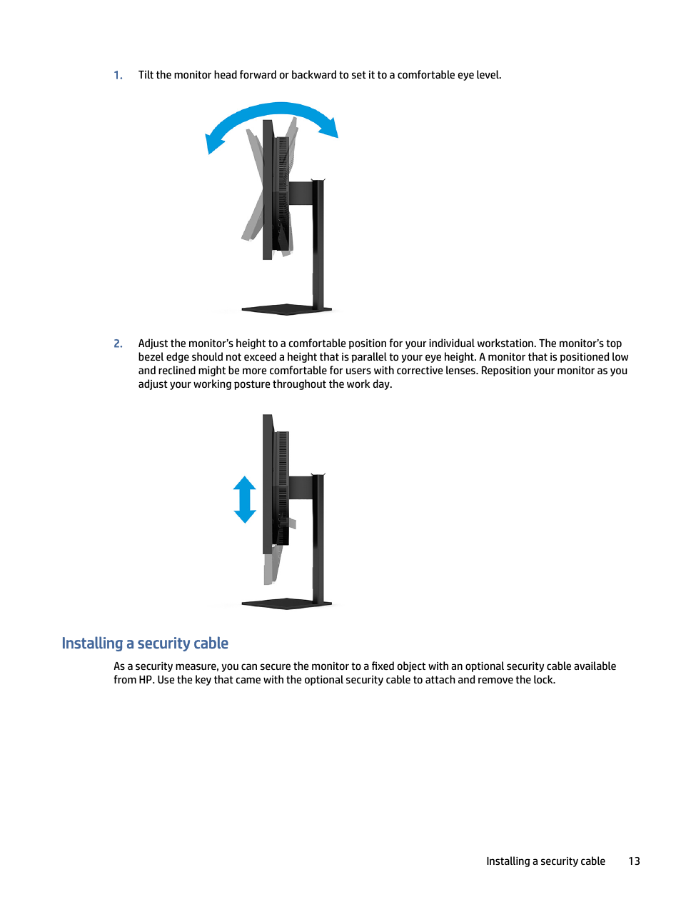 Installing a security cable, Talling a security cable | HP OMEN 27" 4K HDR 144 Hz Gaming Monitor User Manual | Page 18 / 38