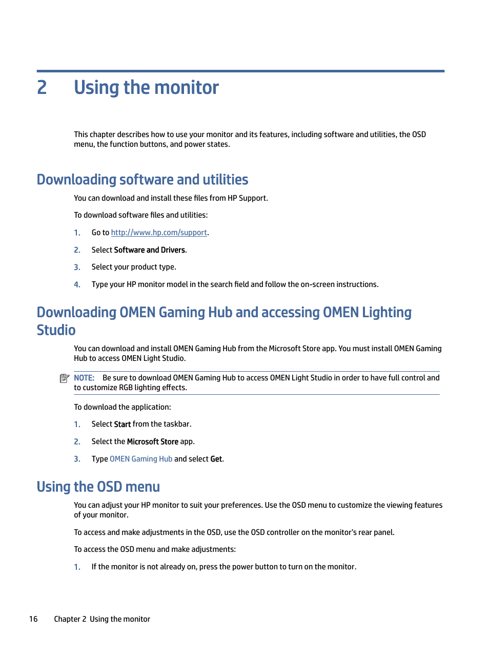 Using the monitor, Downloading software and utilities, Using the osd menu | Sing the monitor, Wnloading software and utilities, Sing the osd menu, Using the monitor 2 | HP OMEN 27" 4K HDR 144 Hz Gaming Monitor User Manual | Page 21 / 38