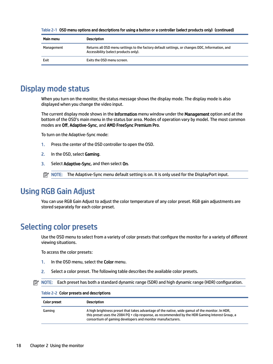 Display mode status, Using rgb gain adjust, Selecting color presets | Play mode status, Sing rgb gain adjust, Ecting color presets | HP OMEN 27" 4K HDR 144 Hz Gaming Monitor User Manual | Page 23 / 38