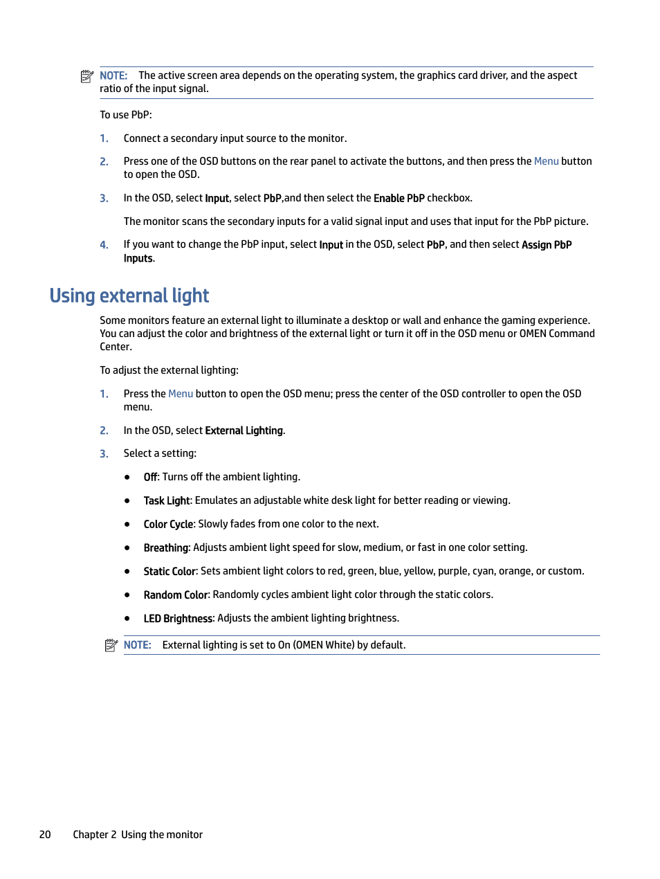 Using external light, Sing external light | HP OMEN 27" 4K HDR 144 Hz Gaming Monitor User Manual | Page 25 / 38
