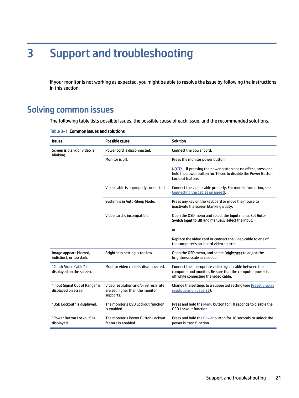 Support and troubleshooting, Solving common issues, Ving common issues | Support and troubleshooting 3 | HP OMEN 27" 4K HDR 144 Hz Gaming Monitor User Manual | Page 26 / 38