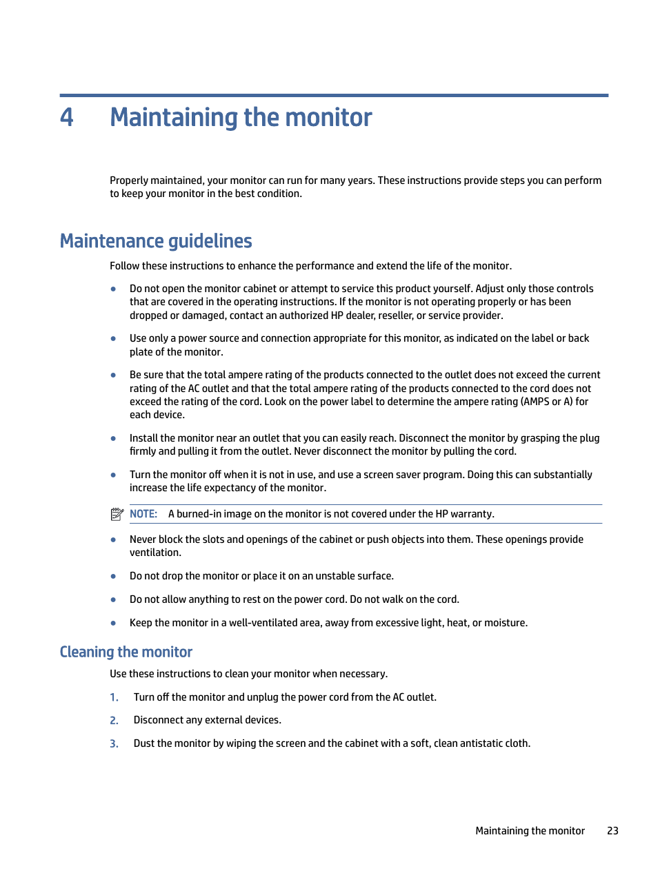 Maintaining the monitor, Maintenance guidelines, Cleaning the monitor | Aning the monitor, Maintaining the monitor 4 | HP OMEN 27" 4K HDR 144 Hz Gaming Monitor User Manual | Page 28 / 38