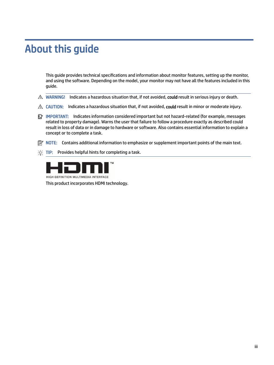 About this guide | HP OMEN 27" 4K HDR 144 Hz Gaming Monitor User Manual | Page 3 / 38