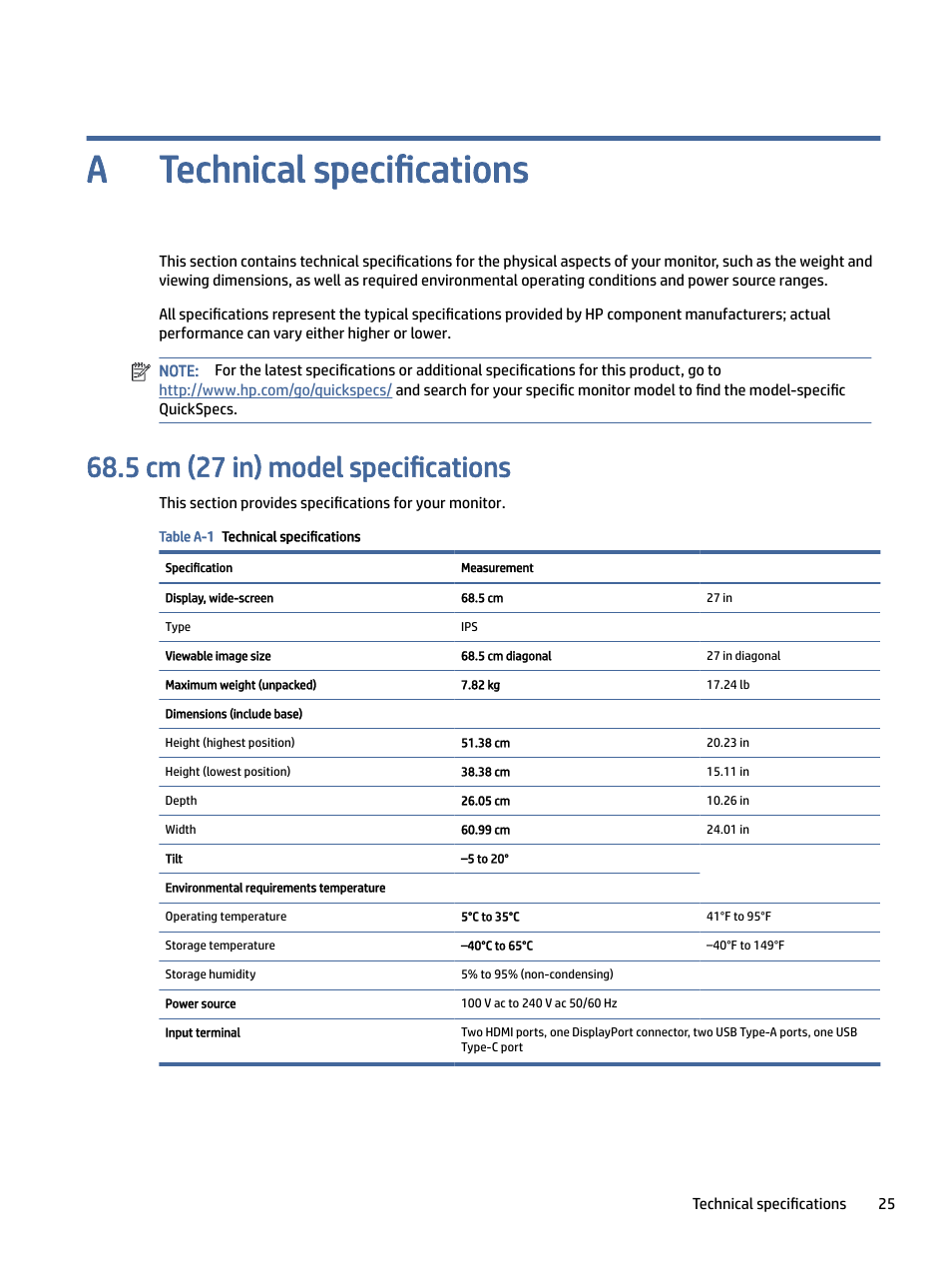 Technical specifications, 5 cm (27 in) model specifications, Pendix a technical specifications | Technical specifications a | HP OMEN 27" 4K HDR 144 Hz Gaming Monitor User Manual | Page 30 / 38