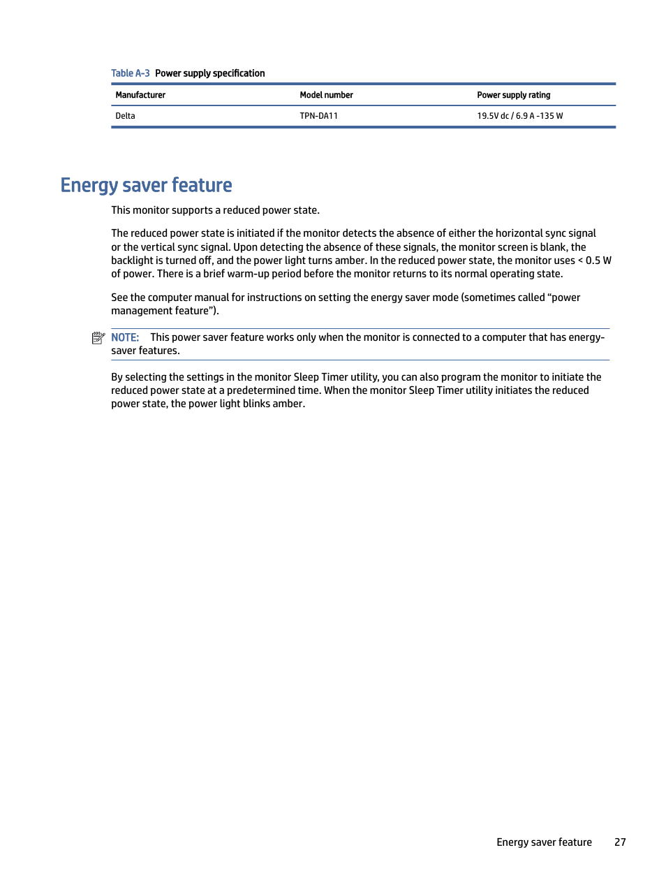 Energy saver feature, Gy saver feature | HP OMEN 27" 4K HDR 144 Hz Gaming Monitor User Manual | Page 32 / 38