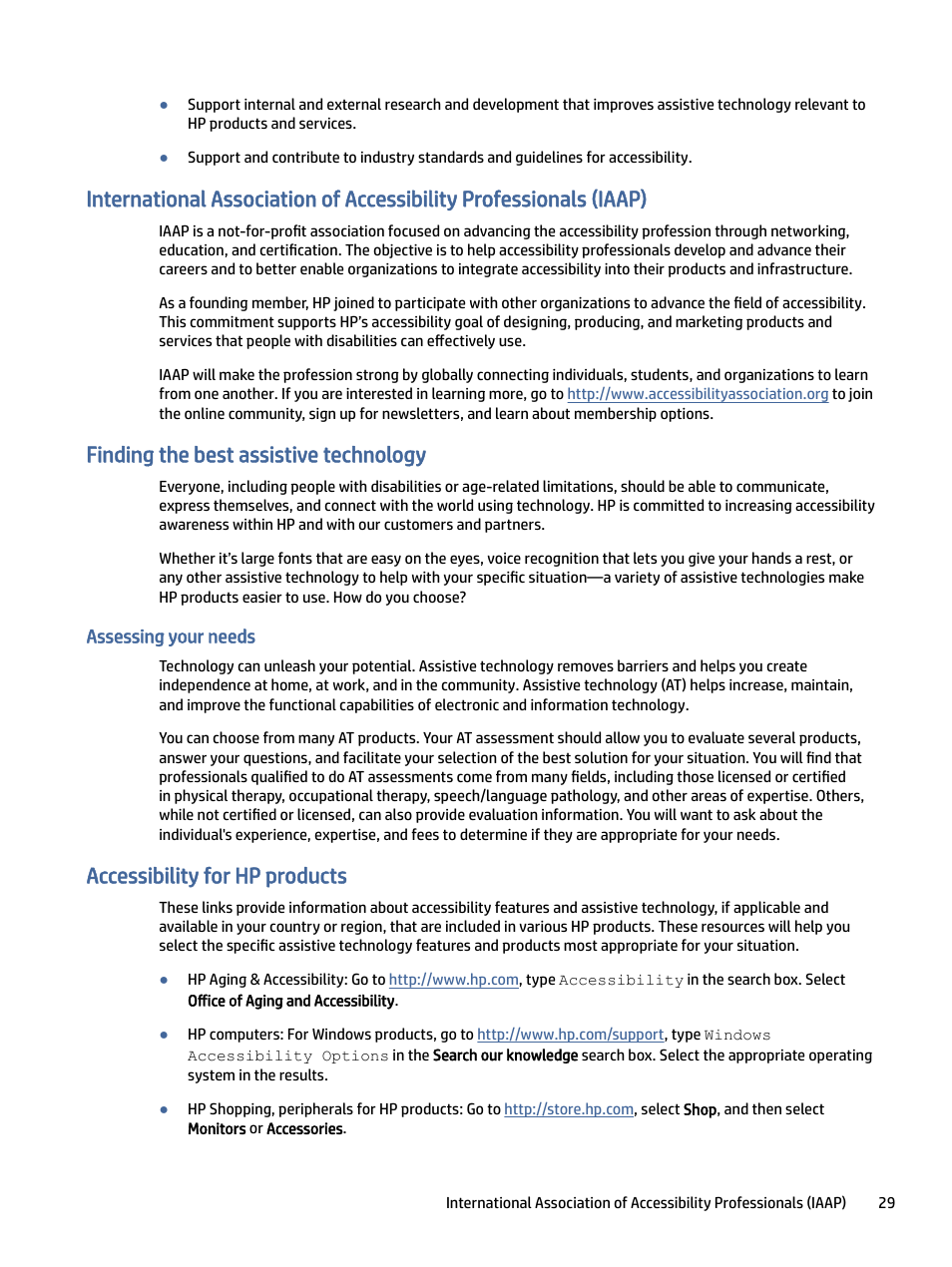 Finding the best assistive technology, Assessing your needs, Accessibility for hp products | Sessing your needs, Essibility for hp products | HP OMEN 27" 4K HDR 144 Hz Gaming Monitor User Manual | Page 34 / 38