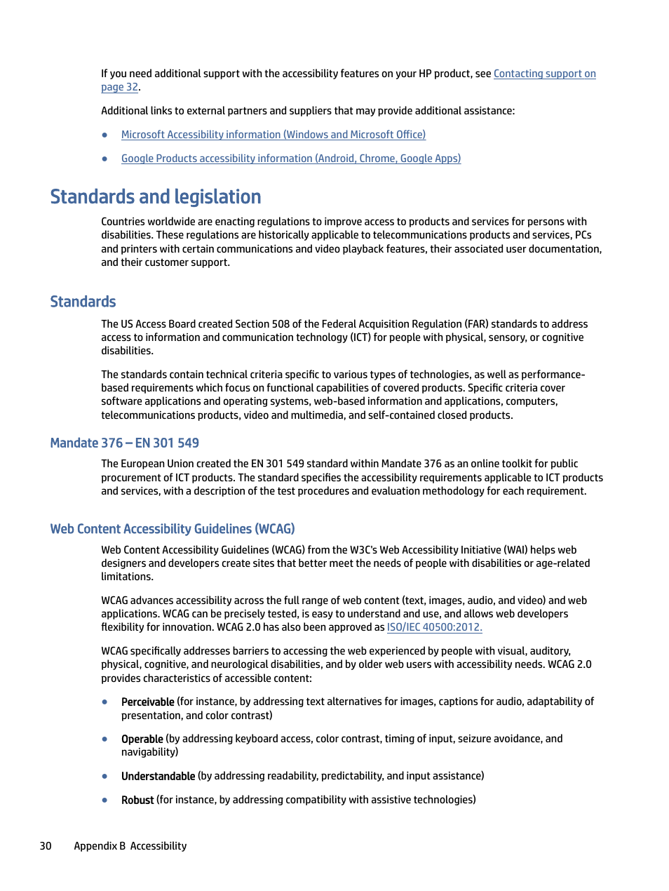 Standards and legislation, Standards, Mandate 376 – en 301 549 | Web content accessibility guidelines (wcag), Tandards and legislation, Tandards, Eb content accessibility guidelines (wcag) | HP OMEN 27" 4K HDR 144 Hz Gaming Monitor User Manual | Page 35 / 38