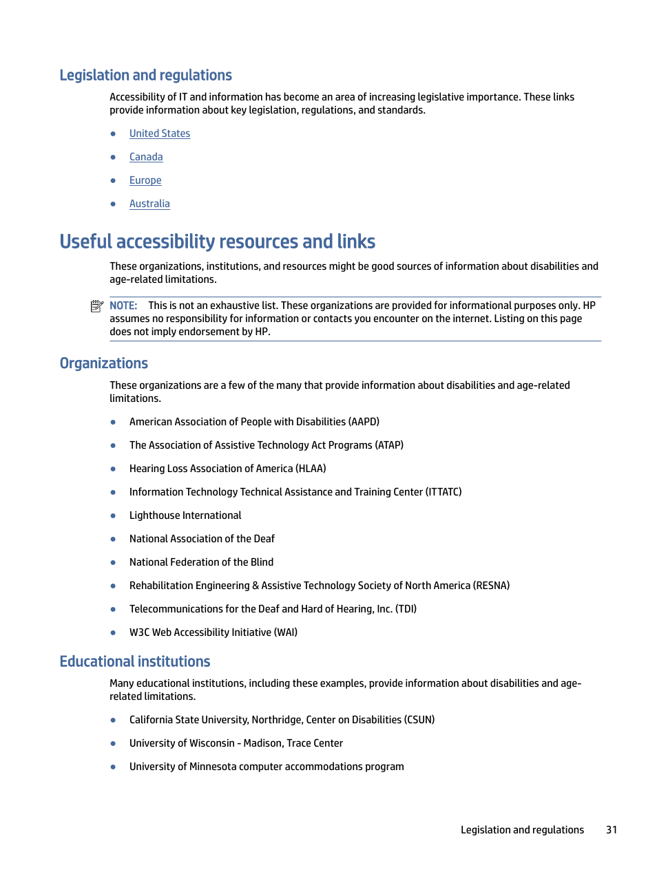 Legislation and regulations, Useful accessibility resources and links, Organizations | Educational institutions, Egislation and regulations, Ful accessibility resources and links, Anizations, Ducational institutions | HP OMEN 27" 4K HDR 144 Hz Gaming Monitor User Manual | Page 36 / 38