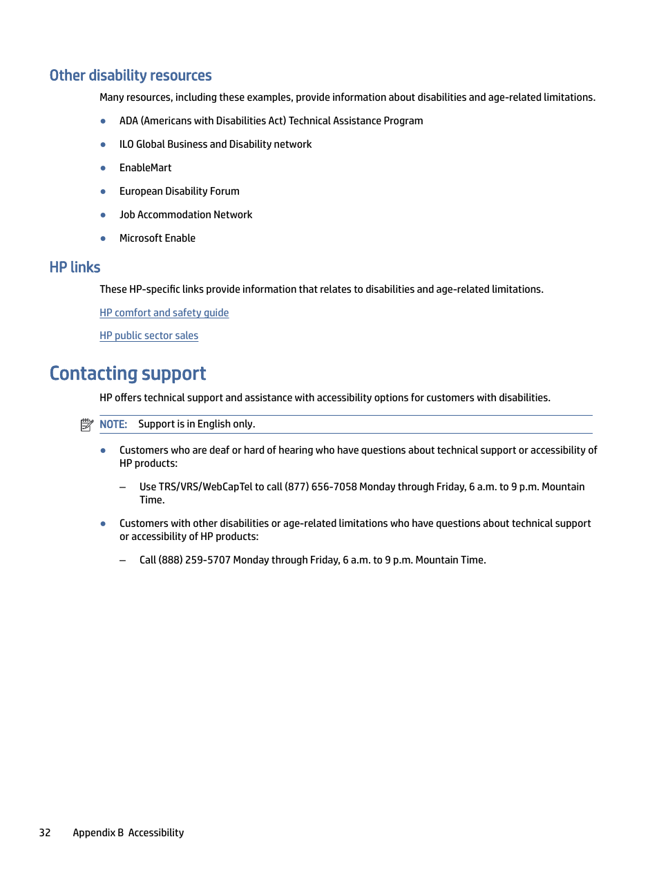 Other disability resources, Hp links, Contacting support | Ontacting support, Contacting support on | HP OMEN 27" 4K HDR 144 Hz Gaming Monitor User Manual | Page 37 / 38