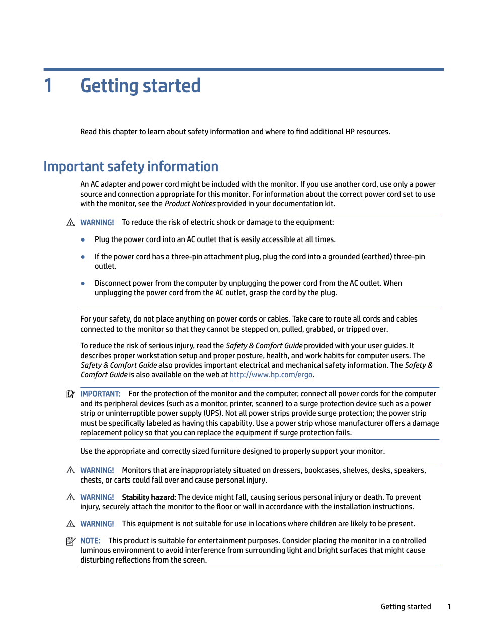 Getting started, Important safety information, Getting started 1 | HP OMEN 27" 4K HDR 144 Hz Gaming Monitor User Manual | Page 6 / 38
