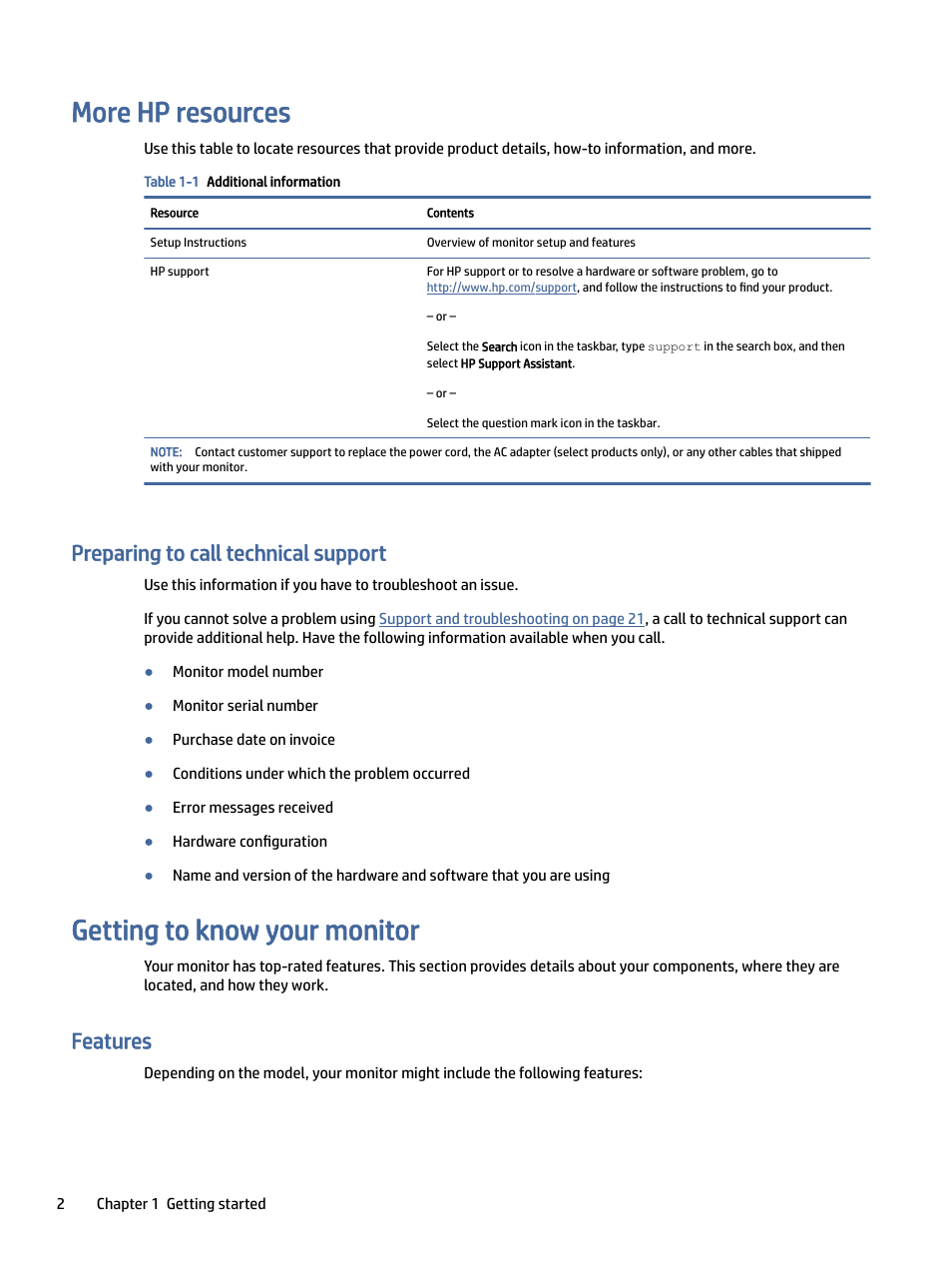 More hp resources, Preparing to call technical support, Getting to know your monitor | Features, E hp resources, Eparing to call technical support, Ting to know your monitor, Tures | HP OMEN 27" 4K HDR 144 Hz Gaming Monitor User Manual | Page 7 / 38